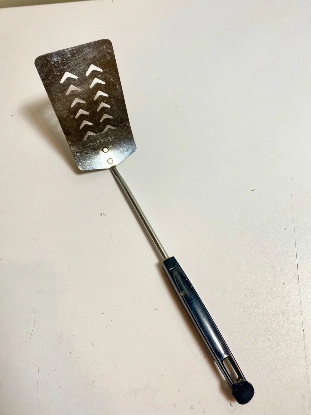 VTG Androck Stainless Steel Slotted Spatula Black Plastic Handle Silver USA